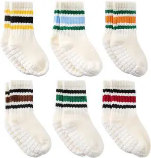 Toddler Grip Socks with Non-Slip, Retro Stripe Thick Cotton Baby Crew Socks | Anti Slip, Seamless, Large square-shaped grip, Breathable, Soft, Elastic,Warm Winter socks, 6 pairs, Good looking, Cute Toddler Grip Socks with Non-Slip, Retro Stripe Thick Cotton Baby Crew Socks | Anti Slip, Seamless, Large square-shaped grip, Breathable, Soft, Elastic,Warm Winter socks, 6 pairs, Good looking, Cute