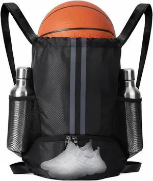 Sports Drawstring Backpack with Shoes Compartment, String Gym Bag with Wet Proof Pocket for Basketball, Soccer, Swim, Black Sport Bag for Men and Women Sports Drawstring Backpack with Shoes Compartment, String Gym Bag with Wet Proof Pocket for Basketball, Soccer, Swim, Black Sport Bag for Men and Women