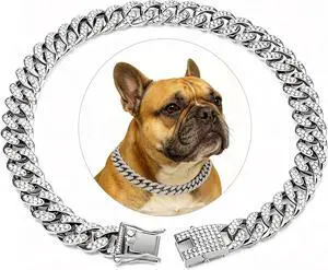 Cuban Link Dog Collar, 13mm Wide 18K Gold Plated Miami Cuban Dog Necklace with Cubic Zirconia, Bling Pet Collar for Small Medium Large Dogs, for Walking Training and Parties (Silvery, 8, Inches) Cuban Link Dog Collar, 13mm Wide 18K Gold Plated Miami Cuban Dog Necklace with Cubic Zirconia, Bling Pet Collar for Small Medium Large Dogs, for Walking Training and Parties (Silvery, 8, Inches)
