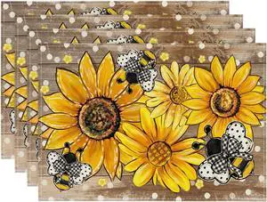 Artoid Mode Wood Sunflower Bee Flower Polka Dot Summer Placemats Set of 4, 12x18 Inch Table Mats for Table Runner Party Kitchen Dining Decoration Artoid Mode Wood Sunflower Bee Flower Polka Dot Summer Placemats Set of 4, 12x18 Inch Table Mats for Table Runner Party Kitchen Dining Decoration
