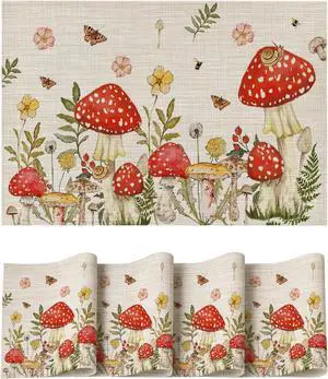 Artoid Mode Beige Mushroom Moth Flowers Placemats Set of 4, 12x18 Inch Plastic Woven Wipeable Non-Slip PVC Place Mats for Party Kitchen Dining Decor Artoid Mode Beige Mushroom Moth Flowers Placemats Set of 4, 12x18 Inch Plastic Woven Wipeable Non-Slip PVC Place Mats for Party Kitchen Dining Decor