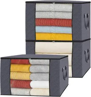 90L Grey Storage Bags with Lids, Zipper & Clear Window, 3-Pack Foldable Large Closet Organizers for Clothes, Comforters, Under Bed 90L Grey Storage Bags with Lids, Zipper & Clear Window, 3-Pack Foldable Large Closet Organizers for Clothes, Comforters, Under Bed