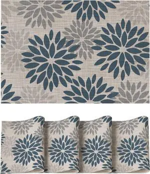 Artoid Mode Floral Vinyl Placemats Set of 4, Heat Resistant Washable Non-Slip Plastic PVC Place Mats for Party Kitchen Dining Decor, Blue Grey Artoid Mode Floral Vinyl Placemats Set of 4, Heat Resistant Washable Non-Slip Plastic PVC Place Mats for Party Kitchen Dining Decor, Blue Grey