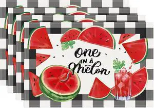 Bonhause Summer Watermelon Placemats Set of 4, 12x18 Inch Black White Buffalo Plaid Fruit Juice Kitchen Dining Table Mats Washable Place Mats for Indoor Outdoor Home Party Decor Bonhause Summer Watermelon Placemats Set of 4, 12x18 Inch Black White Buffalo Plaid Fruit Juice Kitchen Dining Table Mats Washable Place Mats for Indoor Outdoor Home Party Decor