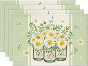 Artoid Mode Eucalyptus Leaves Daisy Vase Placemats for Dining Table, 12 x 18 Inch Spring Easter Summer Seasonal Holiday Decoration Rustic Vintage Washable Table Mats Set of 4 Green Artoid Mode Eucalyptus Leaves Daisy Vase Placemats for Dining Table, 12 x 18 Inch Spring Easter Summer Seasonal Holiday Decoration Rustic Vintage Washable Table Mats Set of 4 Green