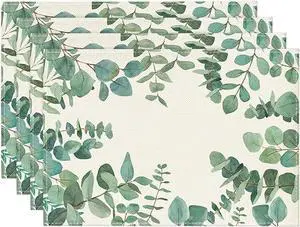 Artoid Mode Eucalyptus Leaves Summer Placemats for Dining Table, 12 x 18 Inch Spring Seasonal Holiday Rustic Vintage Washable Table Mats Set of 4 Green Artoid Mode Eucalyptus Leaves Summer Placemats for Dining Table, 12 x 18 Inch Spring Seasonal Holiday Rustic Vintage Washable Table Mats Set of 4 Green