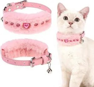 EXPAWLORER Leather Cat Collar for Girl Boy Cats,Pink(Plush & Heart Rivet) | Adjustable Pet Collar with Safety Elastic Belt,Personalized Punk Accessories Buckle Collars with Bell for Small Dogs EXPAWLORER Leather Cat Collar for Girl Boy Cats,Pink(Plush & Heart Rivet) | Adjustable Pet Collar with Safety Elastic Belt,Personalized Punk Accessories Buckle Collars with Bell for Small Dogs