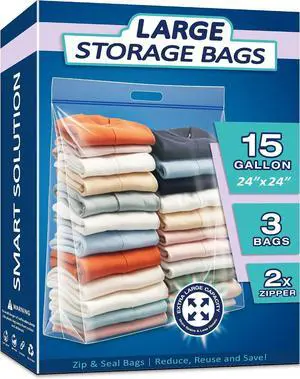 15 Gallon Large Resealable Storage Bags with zipper Top | 24" x 24" Heavy Duty Clear Bags with Handles, 4 Mil Thick - Perfect for Clothing, Pillows, Travel, and Moving (3-Pack) 15 Gallon Large Resealable Storage Bags with zipper Top | 24" x 24" Heavy Duty Clear Bags with Handles, 4 Mil Thick - Perfect for Clothing, Pillows, Travel, and Moving (3-Pack)