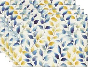 Artoid Mode Watercolor Blue Yellow Leaves Summer Placemats Set of 4, 12x18 Inch Seasonal Holiday Table Mats for Party Kitchen Dining Decoration Artoid Mode Watercolor Blue Yellow Leaves Summer Placemats Set of 4, 12x18 Inch Seasonal Holiday Table Mats for Party Kitchen Dining Decoration