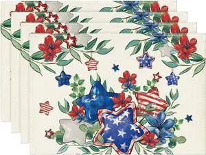 Artoid Mode American Flag Patriotic Stars Flower 4th of July Placemats Set of 4, 12x18 Inch Memorial Day Table Mats for Party Kitchen Dining Decoration Artoid Mode American Flag Patriotic Stars Flower 4th of July Placemats Set of 4, 12x18 Inch Memorial Day Table Mats for Party Kitchen Dining Decoration