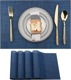 SLKQG Navy Blue Placemats Set of 4 - Easy Clean Washable Vinyl Placemats - Wipeable Heat Resistant Table Mats for Dining Table - 17x12 Inch (Navy Blue, 4) SLKQG Navy Blue Placemats Set of 4 - Easy Clean Washable Vinyl Placemats - Wipeable Heat Resistant Table Mats for Dining Table - 17x12 Inch (Navy Blue, 4)