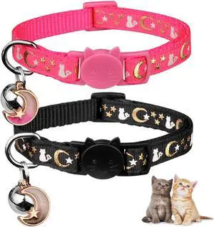 Baeuppit 2PCS Breakaway Cat Collars with Bell Moons Stars Cute Kitty Adjustable Safe Kitten Collars with Pendant Glow in The Dark(Black&Pink) Baeuppit 2PCS Breakaway Cat Collars with Bell Moons Stars Cute Kitty Adjustable Safe Kitten Collars with Pendant Glow in The Dark(Black&Pink)