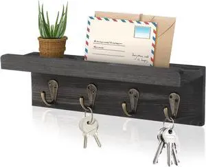 HRONRAD Rustic Key Holder for Wall, Farmhouse Wall Shelf with 4 Hooks, Wall Mounted Key Racks, Wooden Mail Organizer with Hooks for Entryway (Black - Pine) HRONRAD Rustic Key Holder for Wall, Farmhouse Wall Shelf with 4 Hooks, Wall Mounted Key Racks, Wooden Mail Organizer with Hooks for Entryway (Black - Pine)