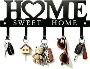 Key Holder for Wall with 5 Hooks, Wall Mounted Metal Key Rack Organizer, Home Sweet Home Heart Decor Key Hooks for Entryway, Mudroom, Kitchen, Dog Leashes, Coats, Housewarming Gift, Black Key Holder for Wall with 5 Hooks, Wall Mounted Metal Key Rack Organizer, Home Sweet Home Heart Decor Key Hooks for Entryway, Mudroom, Kitchen, Dog Leashes, Coats, Housewarming Gift, Black