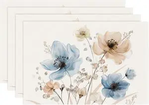 Bonhause Watercolor Floral Placemats Set of 4, 12x18 Inch Blue Brown Flower Leaves Kitchen Dining Table Mats Washable Place Mats for Indoor Outdoor Home Party Decor Bonhause Watercolor Floral Placemats Set of 4, 12x18 Inch Blue Brown Flower Leaves Kitchen Dining Table Mats Washable Place Mats for Indoor Outdoor Home Party Decor
