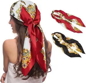 Senker Fashion 2Pcs 35" Silk Head Scarf for Women | Large Square Satin Bandanas, Headscarf, Neck Scarves, Pirate Costume Accessories, Hair Wrapping Bandana, Sleeping Scarfs Senker Fashion 2Pcs 35" Silk Head Scarf for Women | Large Square Satin Bandanas, Headscarf, Neck Scarves, Pirate Costume Accessories, Hair Wrapping Bandana, Sleeping Scarfs