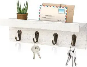 HRONRAD Rustic Key Holder for Wall, Farmhouse Wall Shelf with 4 Hooks, Wall Mounted Key Racks, Wooden Mail Organizer with Hooks for Entryway (White) HRONRAD Rustic Key Holder for Wall, Farmhouse Wall Shelf with 4 Hooks, Wall Mounted Key Racks, Wooden Mail Organizer with Hooks for Entryway (White)