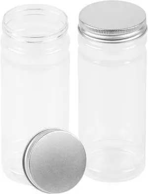CABAX 12oz Clear Plastic Jars with Silver Lids, 350ml Round Food Storage Containers for Dry Goods, Cereals, Spices and More for Home Kitchen Storage, Pack of 2 CABAX 12oz Clear Plastic Jars with Silver Lids, 350ml Round Food Storage Containers for Dry Goods, Cereals, Spices and More for Home Kitchen Storage, Pack of 2