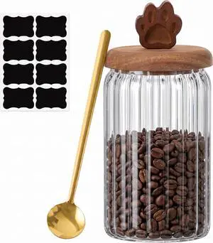 Glass Coffee Canister - 30 Oz Airtight Ribbed Glass Storage Jars with Paw Shaped Wood Lids Gold Spoon Label Stickers, for Kitchen Countertop Bar Food Beans Sugar Oats Nuts Container Glass Coffee Canister - 30 Oz Airtight Ribbed Glass Storage Jars with Paw Shaped Wood Lids Gold Spoon Label Stickers, for Kitchen Countertop Bar Food Beans Sugar Oats Nuts Container