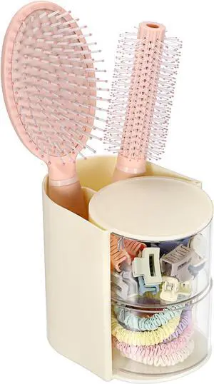 Rotating Hair Accessories Organizer with Comb Holder,2-Layer,Beige | Rotating Hair Tie Organizer for Clips, Bows, Makeup Brushes & Sponges, Clear Desktop Storage for Bathroom Rotating Hair Accessories Organizer with Comb Holder,2-Layer,Beige | Rotating Hair Tie Organizer for Clips, Bows, Makeup Brushes & Sponges, Clear Desktop Storage for Bathroom
