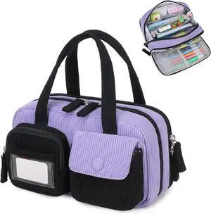 Pencil Case Corduroy Multiple Compartments Pouch Bag for Girl, Black Purple Pencil Case Corduroy Multiple Compartments Pouch Bag for Girl, Black Purple