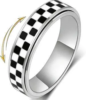 Checkered Fidget Ring for Anxiety Relief, Discreet Silent Spinning Jewelry, Black+White Pattern Durable Stainless Steel Thumb Spinner Jewelry for Work Office Adults Women Men Gold/Sliver Size 5-11 Checkered Fidget Ring for Anxiety Relief, Discreet Silent Spinning Jewelry, Black+White Pattern Durable Stainless Steel Thumb Spinner Jewelry for Work Office Adults Women Men Gold/Sliver Size 5-11