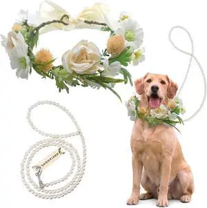Dog Wedding Collar, Dog Flower Collar and Pearls Leash Set Adjustable Wreath Wedding Outfit Flower Collar Pet Photo Prop (Medium) Dog Wedding Collar, Dog Flower Collar and Pearls Leash Set Adjustable Wreath Wedding Outfit Flower Collar Pet Photo Prop (Medium)