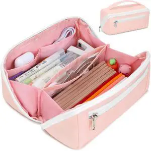 Large Capacity Pencil Case - Pencil Pouch for Teen Girls, Aesthetic Pouch Organizer with 8 Compartments, Wide Opening Marker Bag for Middle High School College, Fits Calculator, Pink Large Capacity Pencil Case - Pencil Pouch for Teen Girls, Aesthetic Pouch Organizer with 8 Compartments, Wide Opening Marker Bag for Middle High School College, Fits Calculator, Pink