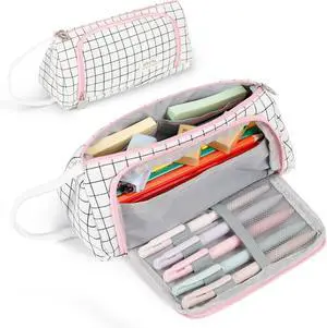 Zzrywuty White Checkered Pencil Case Canvas Front Window Pouch Organizer | Double smooth zippers, roomy interior, clear view opening, portable handle, mesh pockets, versatile stationery holder Zzrywuty White Checkered Pencil Case Canvas Front Window Pouch Organizer | Double smooth zippers, roomy interior, clear view opening, portable handle, mesh pockets, versatile stationery holder