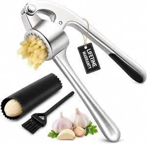 CUNSENR Garlic Press Set, Premium Rust Proof Garlic Mincer Tool with Ergonomic Handle, Easy Squeeze & Easy Clean Garlic Crusher, Dishwasher Safe with Silicone Peeler and Brush - Silver CUNSENR Garlic Press Set, Premium Rust Proof Garlic Mincer Tool with Ergonomic Handle, Easy Squeeze & Easy Clean Garlic Crusher, Dishwasher Safe with Silicone Peeler and Brush - Silver