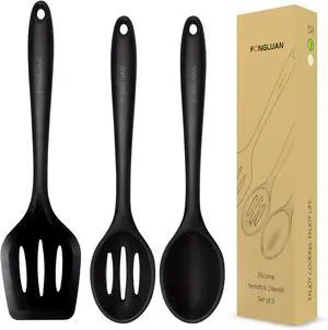 Silicone Nonstick Utensils, Set of 3, Black, Silicone Cooking Utensils Set, Turner/Spatula and Spoons - Heat Resistant, Nonstick Cookware, Dishwasher Safe Silicone Nonstick Utensils, Set of 3, Black, Silicone Cooking Utensils Set, Turner/Spatula and Spoons - Heat Resistant, Nonstick Cookware, Dishwasher Safe