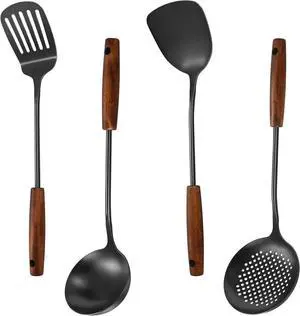 304 Stainless Steel Kitchen Utensils Set, 4 Pcs Long Cooking Utensils Set with Wooden Handle, Large Heat Resistant Kitchen Tools(Black, Dishwasher Safe) 304 Stainless Steel Kitchen Utensils Set, 4 Pcs Long Cooking Utensils Set with Wooden Handle, Large Heat Resistant Kitchen Tools(Black, Dishwasher Safe)