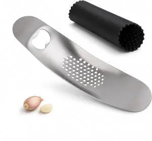 Garlic Press Rocker, Stainless Steel Mincer with Peeler | Silicone peeler, bottle opener handle, ginger crushing, dishwasher-safe rinse, compact drawer storage Garlic Press Rocker, Stainless Steel Mincer with Peeler | Silicone peeler, bottle opener handle, ginger crushing, dishwasher-safe rinse, compact drawer storage