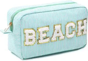Sanwuta Seersucker Cosmetic Bag Beach Makeup Bag Chenille Letter Stripe Beach Pouch for Women Large Preppy Storage Pouch Toiletry Travel Organizer Essentials for Travel Sanwuta Seersucker Cosmetic Bag Beach Makeup Bag Chenille Letter Stripe Beach Pouch for Women Large Preppy Storage Pouch Toiletry Travel Organizer Essentials for Travel