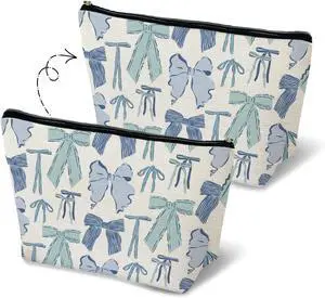 Blue Bow Makeup Bag for Women, Preppy Ribbon Bowknot Cosmetic Bag Travel Toiletry Bag for Women, Girly Aesthetic Zipper Makeup Pouch Blue Bow Makeup Bag for Women, Preppy Ribbon Bowknot Cosmetic Bag Travel Toiletry Bag for Women, Girly Aesthetic Zipper Makeup Pouch
