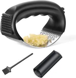 Garlic Press Rocker - Stainless Steel Garlic Mincer, Garlic Chopper, Garlic Crusher with Garlic Peeler and Cleaning Brush for Effortless Smashing Garlic. Garlic Press Rocker - Stainless Steel Garlic Mincer, Garlic Chopper, Garlic Crusher with Garlic Peeler and Cleaning Brush for Effortless Smashing Garlic.