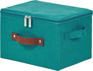 Storage Bins with Zipper Lids Decorative Lidded Baskets Boxes | Clothes Container, Closet Shelf Organizer, Foldable Washable, Cotton Linen Fabric, w/ PU Leather Handles, Teal Blue, Small Storage Bins with Zipper Lids Decorative Lidded Baskets Boxes | Clothes Container, Closet Shelf Organizer, Foldable Washable, Cotton Linen Fabric, w/ PU Leather Handles, Teal Blue, Small