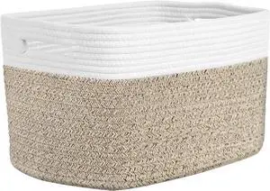 Storage Baskets for Organizing, 14 x 10 x 9 Closet Shelf Woven Baskets, Square Bins with Handles, Cotton Rope Basket for Clothes, Office, Room, White+Rice Brown 1 Pack Storage Baskets for Organizing, 14 x 10 x 9 Closet Shelf Woven Baskets, Square Bins with Handles, Cotton Rope Basket for Clothes, Office, Room, White+Rice Brown 1 Pack