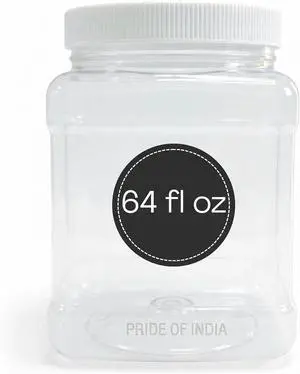 Clear Food Grade PET Plastic Square Grip Storage Jar w/Cap | 64 Fluid Ounces 7-8 Cup Storage Capacity | BPA Free USA Made | by Pride Of India Clear Food Grade PET Plastic Square Grip Storage Jar w/Cap | 64 Fluid Ounces 7-8 Cup Storage Capacity | BPA Free USA Made | by Pride Of India