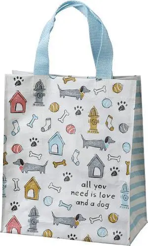Primitives by Kathy All You Need Is Love And A Dog Daily Tote Bag, double-sided,All You Need Is Love And A Dog sentiment with all-over dog themed block print design/complementing blue straps Primitives by Kathy All You Need Is Love And A Dog Daily Tote Bag, double-sided,All You Need Is Love And A Dog sentiment with all-over dog themed block print design/complementing blue straps