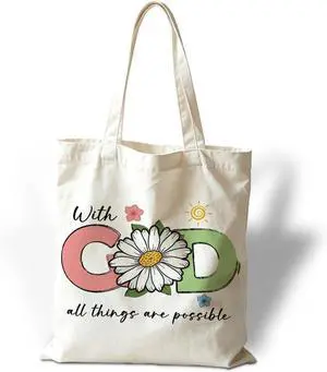 Christian Tote Bag for Women, With God All Things Are Possible Canvas Shoulder Bag, Religious Gifts for Women, Faith Reusable Shopping Carryall, Bible Verse Flower Gift Christian Tote Bag for Women, With God All Things Are Possible Canvas Shoulder Bag, Religious Gifts for Women, Faith Reusable Shopping Carryall, Bible Verse Flower Gift
