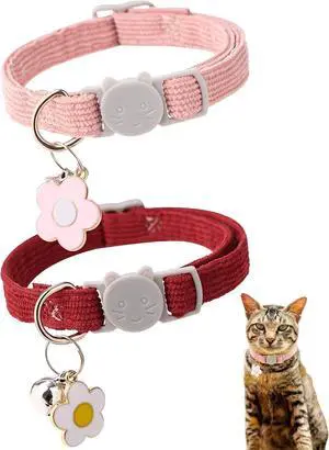 2 Pack Cat Collar with Bells, Corduroy Adjustable Kitten Collars with Breakaway Safety Buckle for Boy Girl Cats-Red Pink 2 Pack Cat Collar with Bells, Corduroy Adjustable Kitten Collars with Breakaway Safety Buckle for Boy Girl Cats-Red Pink