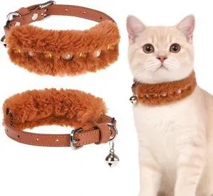 EXPAWLORER Leather Cat Collar for Girl Boy Cats,Brown(Plush & Pearl Rivet) | Adjustable Pet Collar with Safety Elastic Belt,Personalized Punk Accessories Buckle Collars with Bell for Small Dogs EXPAWLORER Leather Cat Collar for Girl Boy Cats,Brown(Plush & Pearl Rivet) | Adjustable Pet Collar with Safety Elastic Belt,Personalized Punk Accessories Buckle Collars with Bell for Small Dogs