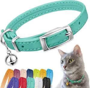 Soft Leather Cat Collar with Safety Elastic Strap - Mint Green | Removable Bell, Steel Buckle, Safety Elastic Strap (Breakaway Alternative), Double Stitching, For Small & Big Boy & Girl Cats Soft Leather Cat Collar with Safety Elastic Strap - Mint Green | Removable Bell, Steel Buckle, Safety Elastic Strap (Breakaway Alternative), Double Stitching, For Small & Big Boy & Girl Cats