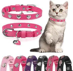 Leather Cat Collar, Breakaway Kitten Collars with Bell, Pink | Spiked & Studded, Cute for Boy Girl Small Pets, Goth Style, Safety Elastic Belt, Adjustable Buckle, Heart, 8-11in Leather Cat Collar, Breakaway Kitten Collars with Bell, Pink | Spiked & Studded, Cute for Boy Girl Small Pets, Goth Style, Safety Elastic Belt, Adjustable Buckle, Heart, 8-11in