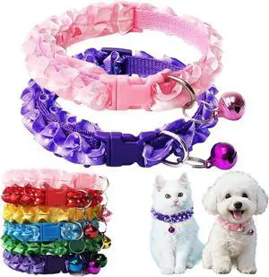 Kitten Collar with Bell, Nylon 2 Pack Girl Puppy Cat Collars, Pink+Purple | Soft Lace Nylon Lightweight Adjustable Pet Collars for XXS XS S Little Female Puppy Dogs Litter Daily Walking Kitten Collar with Bell, Nylon 2 Pack Girl Puppy Cat Collars, Pink+Purple | Soft Lace Nylon Lightweight Adjustable Pet Collars for XXS XS S Little Female Puppy Dogs Litter Daily Walking