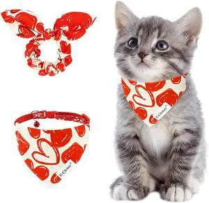 E-Clover Cat Collar-Cat Collars & Matching Scrunchie with Removable Bandana Bell Adjustable for Kitten Kitty Girl Owner Valentines Red Heart E-Clover Cat Collar-Cat Collars & Matching Scrunchie with Removable Bandana Bell Adjustable for Kitten Kitty Girl Owner Valentines Red Heart