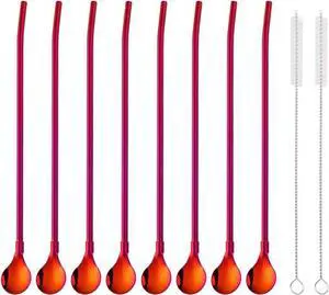 Straw Spoon, 8PCS 8.5inch 18/8(304) Stainless Steel Metal Straws Spoon Reusable Straws Spoon + 2 BrushesOrange Red Straw Spoon, 8PCS 8.5inch 18/8(304) Stainless Steel Metal Straws Spoon Reusable Straws Spoon + 2 BrushesOrange Red