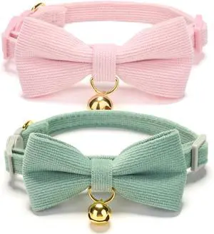 2 Pack Soft Corduroy Cat Collars with Bow Tie & Bell Adjustable Breakaway Kitten Bowtie Collar for Female Male Cats(Grass Green & Pink) 2 Pack Soft Corduroy Cat Collars with Bow Tie & Bell Adjustable Breakaway Kitten Bowtie Collar for Female Male Cats(Grass Green & Pink)