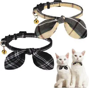 KOOLTAIL Cat Collar Breakaway with Bowtie and Bells, 2 Pack Cute Kitten Collars for Boys & Girls, Classic Plaid Design with Safety Buckle Adjustable for Small Large Cats Puppy,Black & Beige KOOLTAIL Cat Collar Breakaway with Bowtie and Bells, 2 Pack Cute Kitten Collars for Boys & Girls, Classic Plaid Design with Safety Buckle Adjustable for Small Large Cats Puppy,Black & Beige